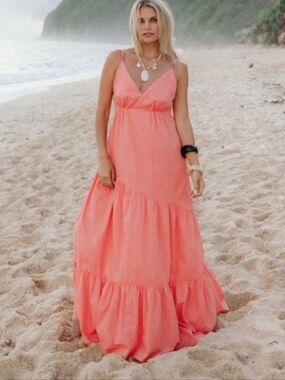 Women’s Coral Maxi Dress with Spaghetti Straps